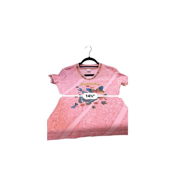 A1 Vintage 90s Columbia Butterfly V Neck Shirt Womens Large Pink (Runs Small) - Picture 9 of 9